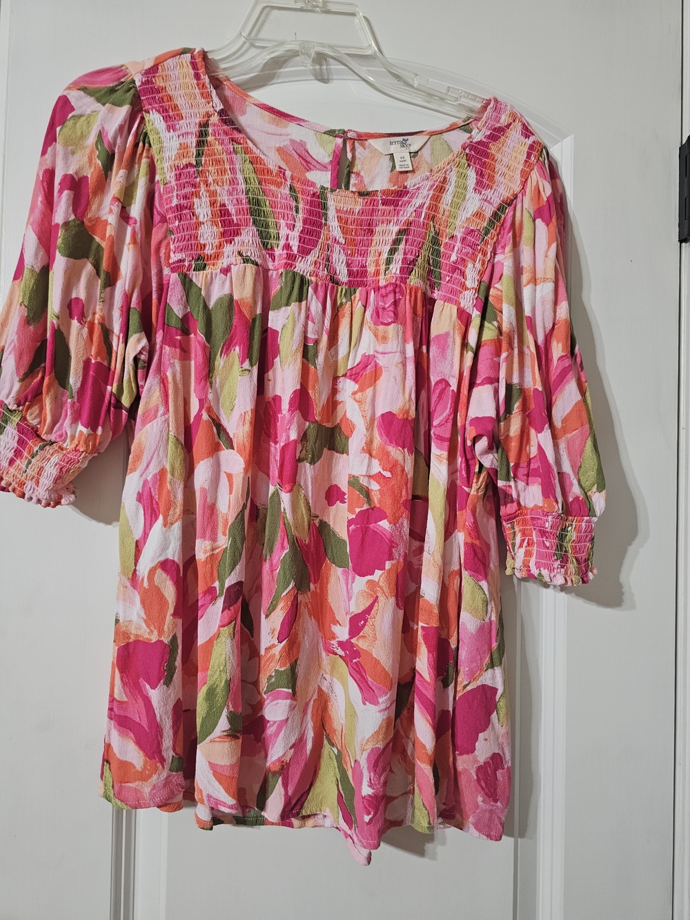 Bright Floral Peasant Top in Pink & Green